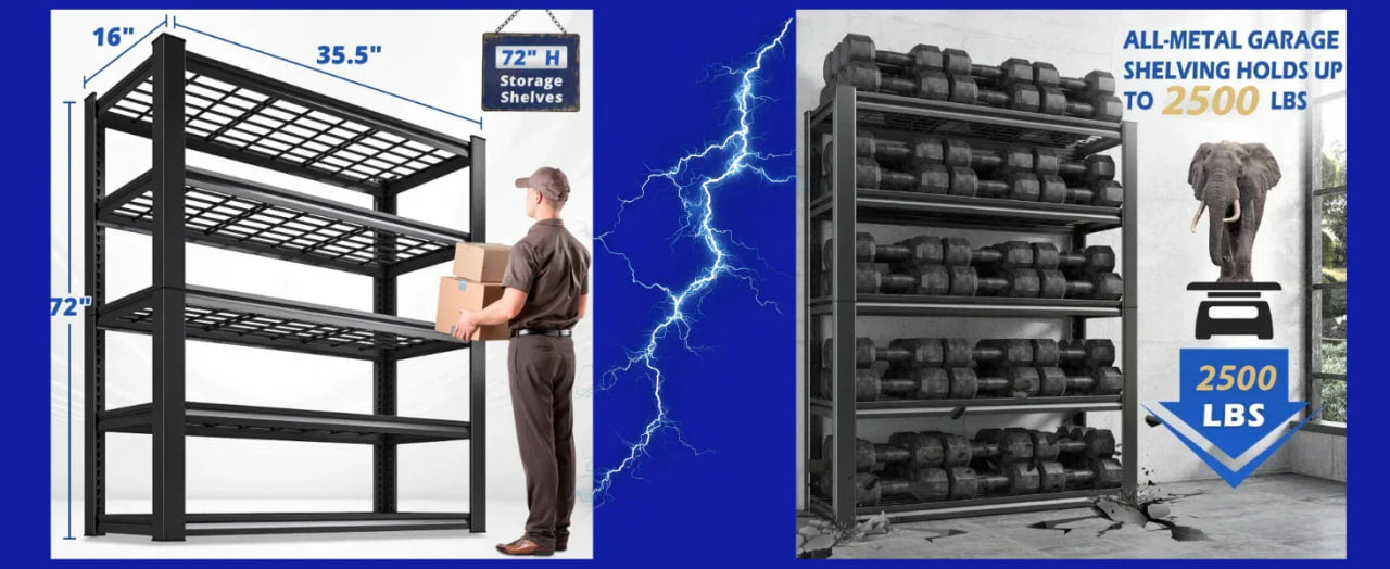 35.5"W x 72"H Storage Shelves 2500 LBS Adjustable Metal Shelving for Garage, Basement, Kitchen and Pantry - 2-Pack