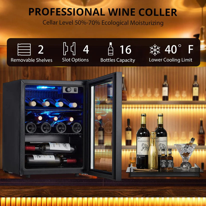 16 Bottle Mini Wine Fridge, Wine Cooler Temperature Adjustment Range 40~61°F, Wine Fridge Small with Triple Pane Clear Glass Door, Wine Coolers for Home