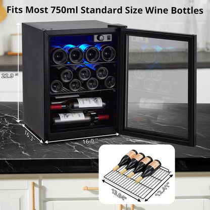16 Bottle Mini Wine Fridge, Wine Cooler Temperature Adjustment Range 40~61°F, Wine Fridge Small with Triple Pane Clear Glass Door, Wine Coolers for Home
