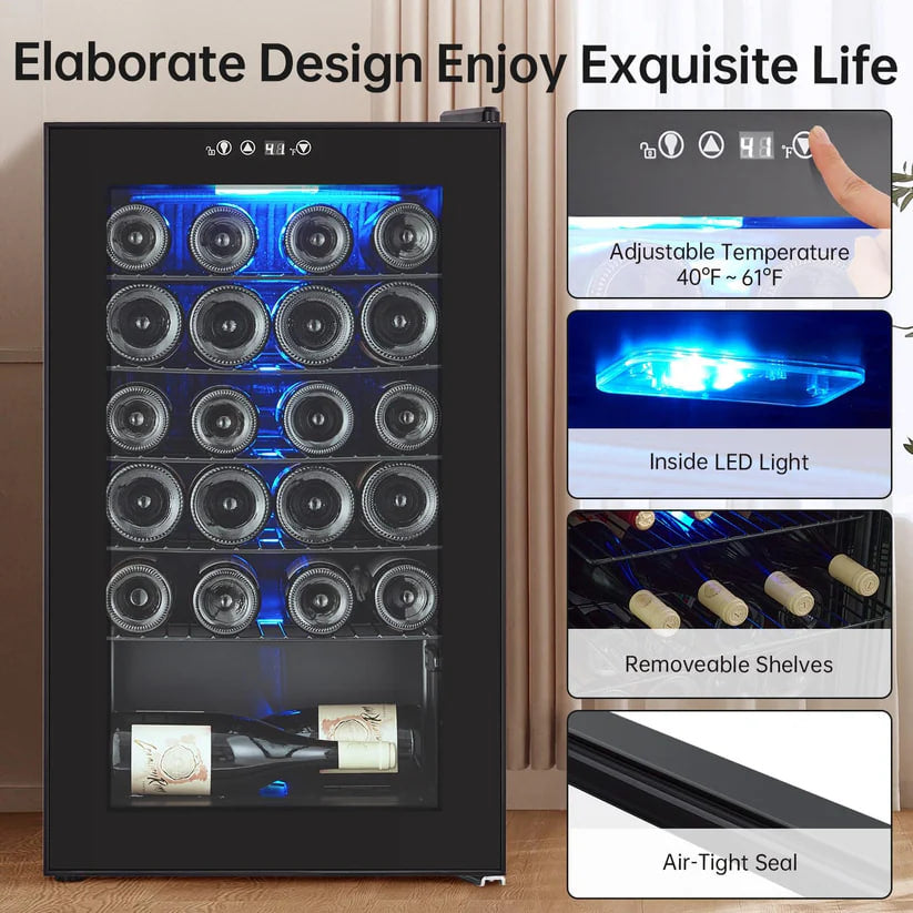 16 Bottle Mini Wine Fridge, Wine Cooler Temperature Adjustment Range 40~61°F, Wine Fridge Small with Triple Pane Clear Glass Door, Wine Coolers for Home